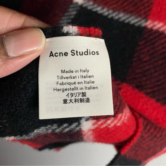 Acne Studios 100% Wool Red and Black Checkered Logo Scarf - Picture 5 of 8